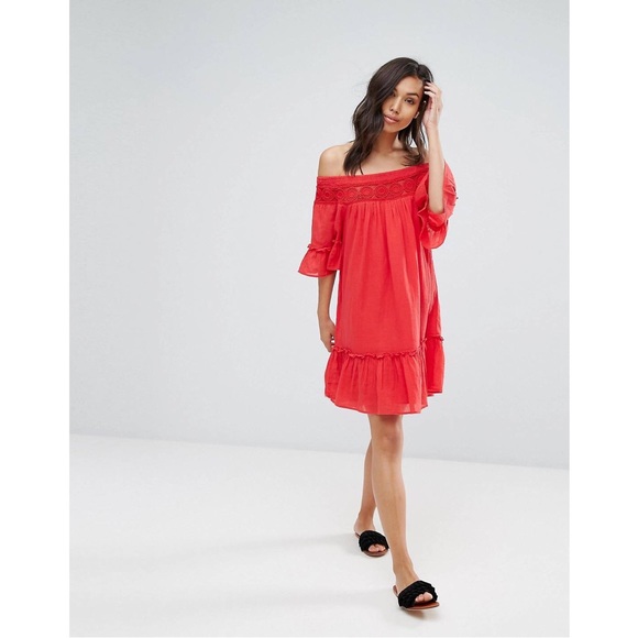 VERO MODA Sz S Off Shoulder Coral Cotton Crinkle Mini Dress - Picture 3 of 16
